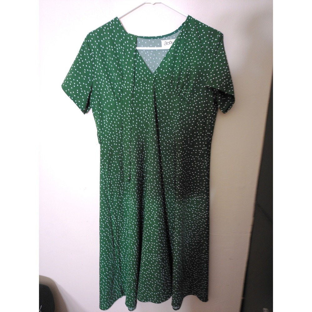 Bae Polka Dot Dress Womens L Green Vtg Inspo V-Neck Empire Waist Retro Aesthetic